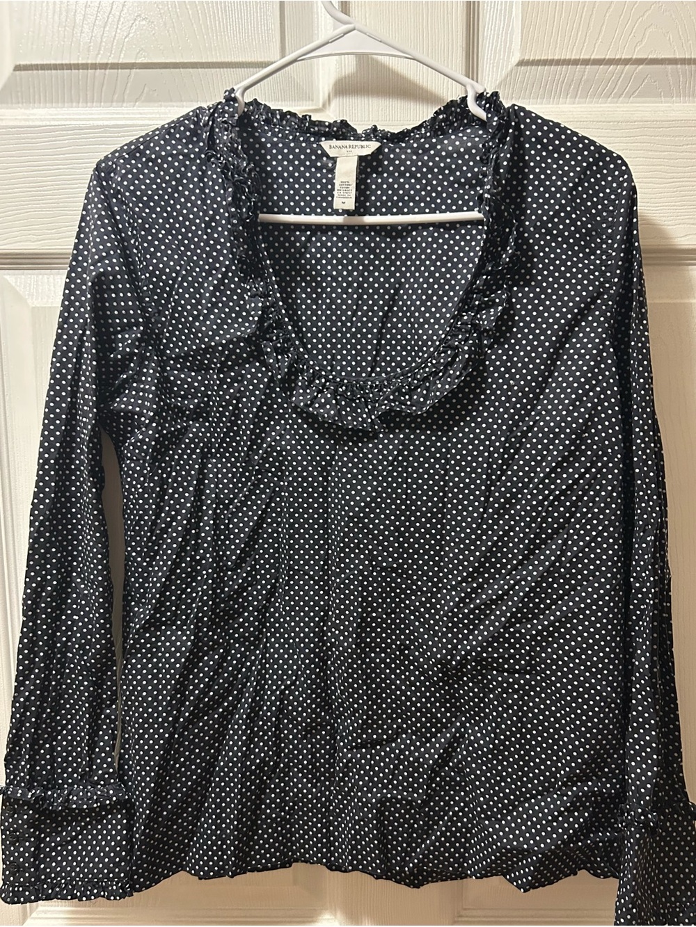 Banana Republic Navy Blue Polka Dot Ruffle Neck Long Sleeve Top size medium